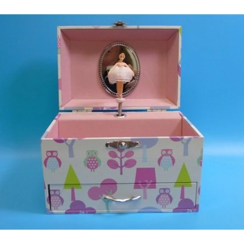 Owl Jewelry Box Purple Pink Green Trees Faux Pearl Handle Drawer Storage Chest